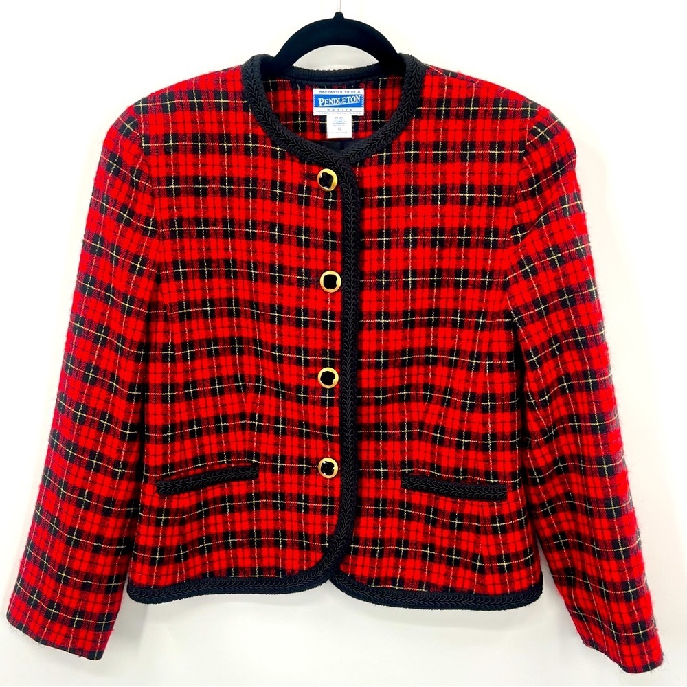 Vintage Pendleton Petite 100% Virgin Wool Tartan Plaid Red Blazer Jacket 10 y2k - Picture 3 of 11